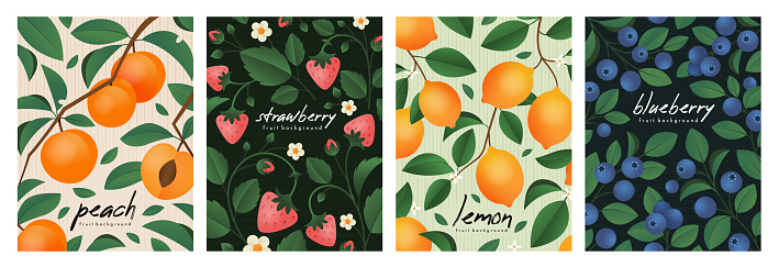 Posters with strawberry, peach, lemon and blueberry branches. Backgrounds with fruits and berries.
