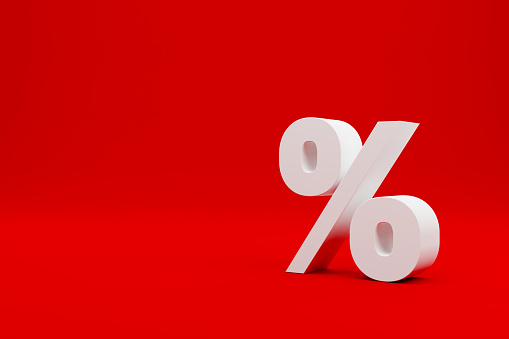 Percentage icon on red background and copy space. 3d illustration