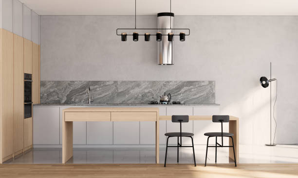 istock Modern Scandinavian kitchen interior design Japandi style. Apartment ideas 3d render background 1318976015