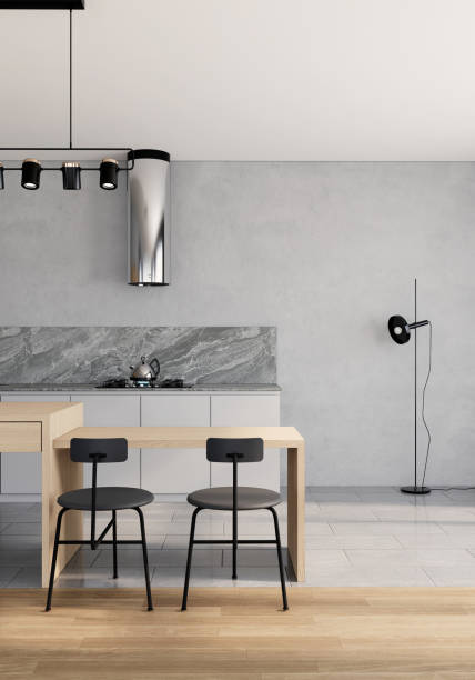 istock Modern Scandinavian kitchen interior Japandi style. Apartment ideas 3d render vertical background 1318976017