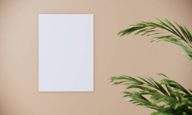 istock Blank picture frame mock up on beige wall wit plant, 3d rendering background 1318976076