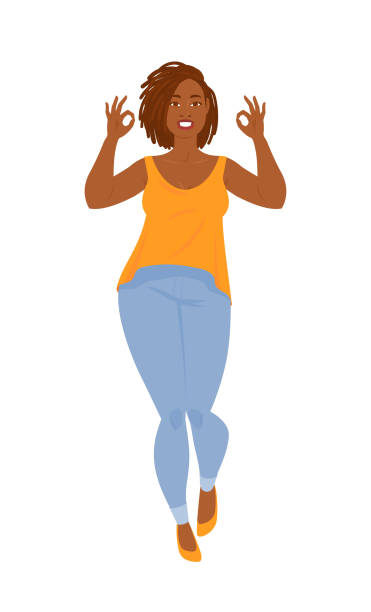 emocje. piękna krzywego czarna kobieta w swobodnych ubraniach z dredami, na całej długości. - looking at camera smiling african ethnicity white background stock illustrations