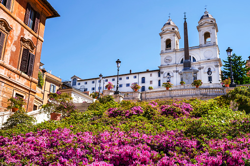 A suggestive image of the famous stairway of Piazza di Spagna (Spanish Steps) entirely covered with thousands of flowering plants of purple azaleas, according to a tradition that has been renewed every year since 1951. In the background, at the top, the sumptuous facade of the church of the Santissima Trinità dei Monti. This famous staircase, a masterpiece of Roman Baroque architecture by Francesco De Sanctis, was inaugurated in 1725 by Pope Benedict XIII. Image in High Definition format.
