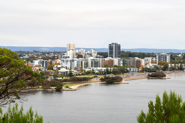South Perth and the Kwinana Freeway, viewed from Kings Park across the Swan River on a cloudy day