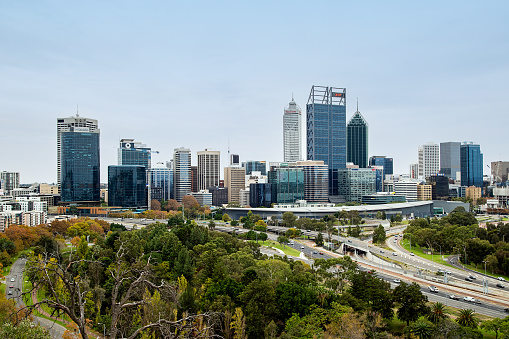 Perth City viewed from Kings Park, Western Australia on a cloudy day