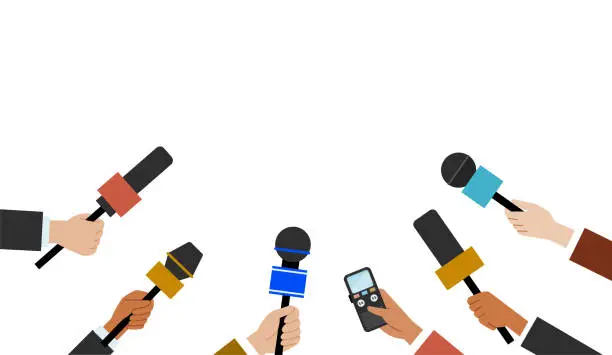 Vector illustration of Hands are holding colorful microphones. Correspondents interviewing with special equipments