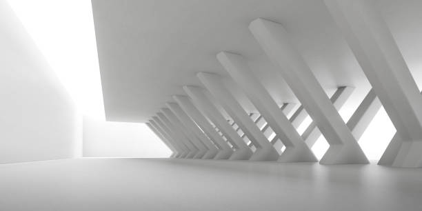 istock Abstract 3d rendering of empty concrete space with light and shadow on the column structure, Futuristic architecture. 1318979153
