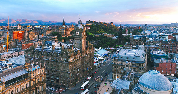 Aerial view of Edinburgh city during sunset Scotland