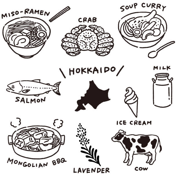 北海道の特産品と美味しい食べ物セット、ラインのみ - ラーメン点のイラスト素材／クリップアート素材／マンガ素材／アイコン素材