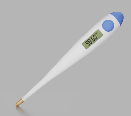 electronic medical thermometer for measuring human body themperature. Fever normal 36.6 celsius or 98.60 Fahrenheit. 3D illustration.