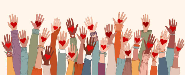 ilustraciones, imágenes clip art, dibujos animados e iconos de stock de grupo de brazos y manos levantadas. personas diversas con el corazón en la mano. donación de caridad y trabajo voluntario. apoyo y asistencia. comunidad multicultural y multiétnica. diversidad de personas - volunteer