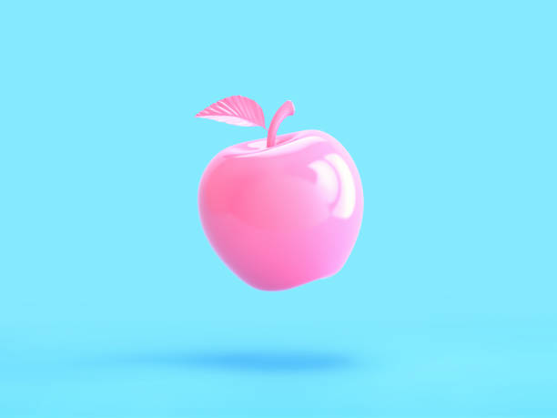Glossy pink apple isolated on blue background. 3D rendering