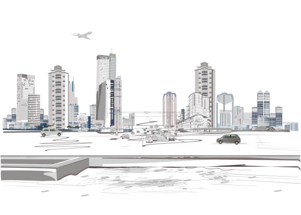 Series of modern city views with skyscrapers and shopping centers. Series of modern city views with skyscrapers and shopping centers. Set of corporate identity templates, business style. new york skyline drawing stock illustrations