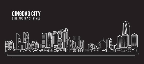 cityscape строительство линия искусства вектор иллюстрация дизайн - циндао города - циндао stock illustrations