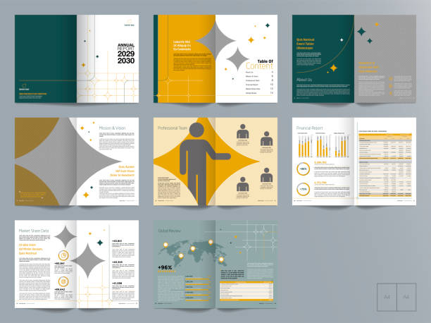 Annual report 16 page 191 Corporate business presentation guide brochure template, Annual report, 16 page minimalist flat geometric business brochure design template, A4 size. newsletter template stock illustrations