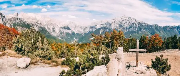 Beautiful views of the valley of the village of Theth and the surrounding mountains. Theth National Park, Albania. The theme is nature, travel, exploring, Europe, Albania, balkan, national parks.