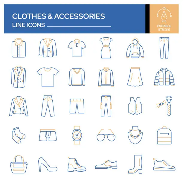 Vector illustration of Set of Clothes and Accessories Related Line Icons. Outline Symbol Collection, Editable Stroke