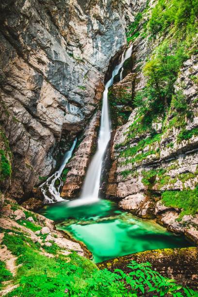 スロベニアの国立公園トリグラヴの滝サビカ。 - julian alps lake bohinj lake bohinj ストックフォトと画像