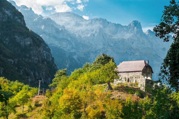 Beautiful views from the village Theth  and the surrounding mountains. Theth National Park, Albania. The theme is nature, travel, exploring, Europe, Albania, Balkan, national parks, hiking, trekking. Beautiful views from the village Theth  and the surrounding mountains. Theth National Park, Albania. The theme is nature, travel, exploring, Europe, Albania, Balkan, national parks, hiking, trekking. vendetta stock pictures, royalty-free photos & images