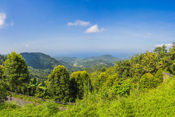 una delle principali attrazioni popolari dell'isola tropicale di bali visitata ogni giorno da centinaia di turisti da tutto il mondo per una splendida vista panoramica dall'alto, due laghi batur e il vulcano batur indonesia - crateri foto e immagini stock