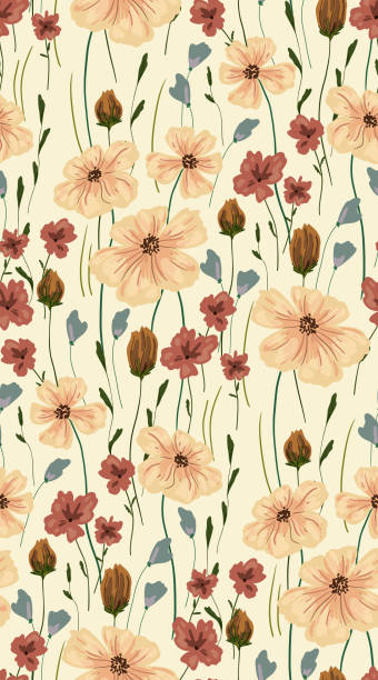 Seamless pattern with large wildflowers on a light background. Vector. Seamless pattern with gentle flowering meadow. Vector illustration with various plants: large heads of cream flowers on thin stems, small flowers, small leaves. cottagecore stock illustrations