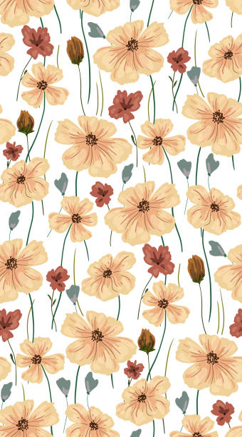 Seamless pattern with large wildflowers on a light background. Vector. Seamless pattern with wildflowers. Different variants of hand-drawn flowers in an abstract composition on a white background. Vector. cottagecore stock illustrations