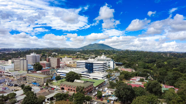 vista ad alto angolo della città di blantyre con parco pubblico malawi - republic of malawi foto e immagini stock