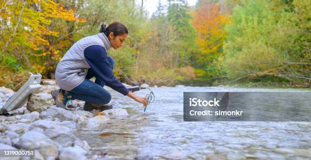 Female Biologist Testing The Oxygen Levels In The River Stock Photo - Download Image Now
