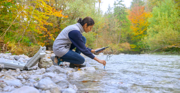 istock Female biologist testing the oxygen levels in the river 1319000752