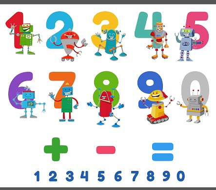 Cartoon illustration of educational numbers set from one to nine with happy robots characters