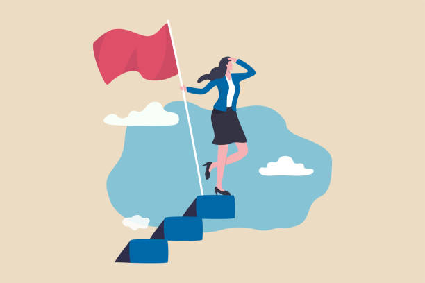 성공 여성 기업가, 여성 리더십 또는 도전과 성취 개념, 미래의 비전을 찾고 우승 깃발을 들고 경력 계단의 상단에 성공 사업가. - businesswoman stock illustrations