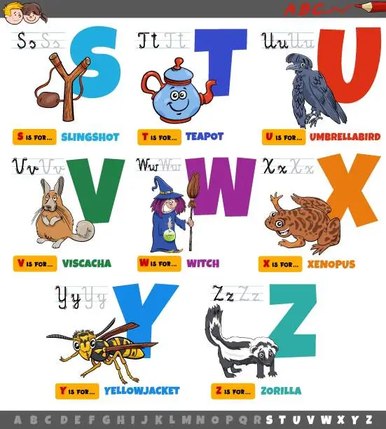 Vector illustration of educational cartoon alphabet letters for children set from S to Z