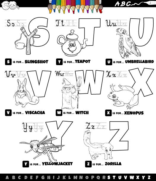 educational cartoon alphabet set from S to Z color book page Black and white cartoon illustration of capital letters alphabet educational set for reading and writing practice for elementary age children from S to Z coloring book page letter u with words stock illustrations
