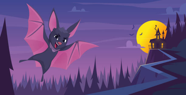 ilustraciones, imágenes clip art, dibujos animados e iconos de stock de fondo de murciélago. miedo volando animal salvaje en el paisaje nocturno exacto vector ilustraciones de dibujos animados de mascota ratón murciélago - bat moon outdoors nature