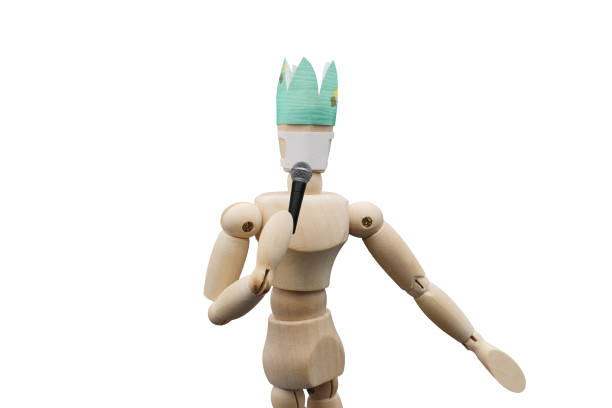 A drawing doll wearing a mask and singing with a microphone in New Normal stock photo