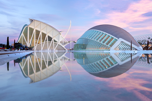 Valencia, Spain - 02 April 2015: Wide angle view of the City of Arts and Sciences at sunrise, Valencia, Spain, Europe