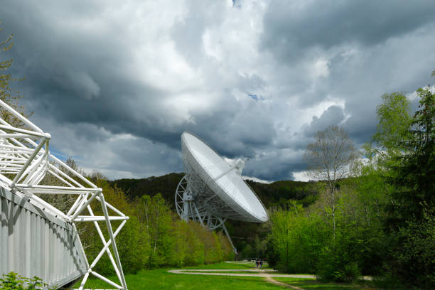 Effelsberg, Germany - May 14, 2021: Constructed from 1968 to 1971 the radio telescope Effelsberg is one of the largest fully steerable radio telescope on Earth. It is located on the edge of the popular hiking area Sahrbachtal in the region of Eifel.