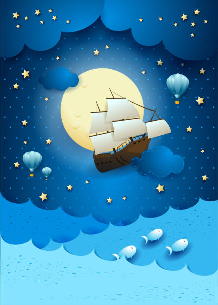 ilustraciones, imágenes clip art, dibujos animados e iconos de stock de paisaje marino de fantasía con barco volador y luna llena - storm pirate sea nautical vessel