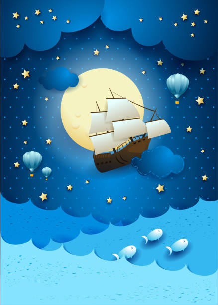 illustrations, cliparts, dessins animés et icônes de paysage marin de fantaisie avec le bateau volant et la pleine lune - storm pirate sea nautical vessel