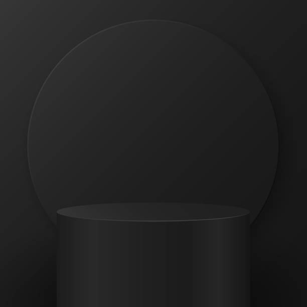 istock Black realistic round pedestal against a dark wall to present your product or project. Circle banner on a black background. Cylindrical podium for display. 3D scene. Vector illustration. 1319004722