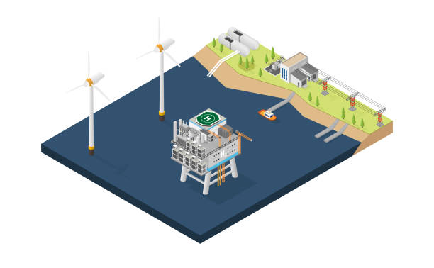 hydrogen offshore with isometric graphic hydrogen offshore with isometric graphic wind farm sea stock illustrations