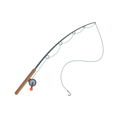 Fishing rod with spinning reel isolated on white background. Simple flat vector illustration. Fishing and angling equipment for catching fish