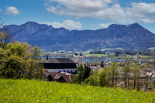 Feldbrunnen, Switzerland - May 04. 2023: Aerial view of the Waldegg Castle Museum with a French garden in Barock style in front