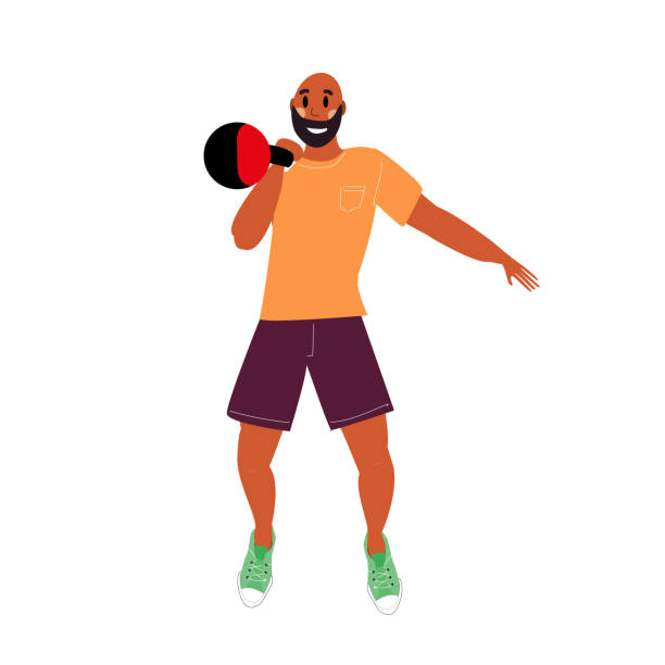 ilustraciones, imágenes clip art, dibujos animados e iconos de stock de un hombre hace un entrenamiento en casa. el tipo levanta un kettlebell. entrenamiento en casa. ilustración vectorial. - entrenador personal