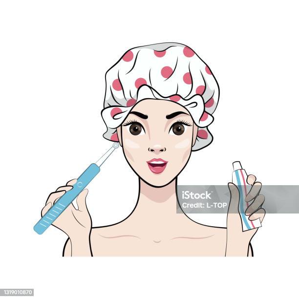 Beautiful Girl In A Shower Cap Holds An Electric Toothbrush And Toothpaste  Teeth Cleaning Dental Care Stock Illustration - Download Image Now - iStock