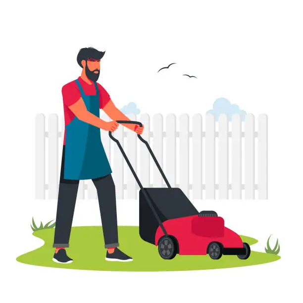 Vector illustration of Man Mowing The Lawn. Professional gardener using garden machinery, equipment and tools: mowing, cutting, trimming grass and shrubbery. Backyard landscaping, plants cultivating, garden maintenance.