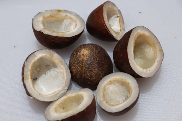 istock Close up view of dried coconut chips on grey background in india 1319013056