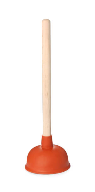 Plunger with wooden handle isolated on white. Toilet cleaning tool