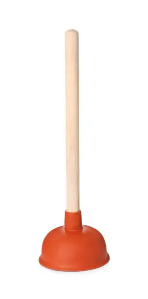 Plunger with wooden handle isolated on white. Toilet cleaning tool