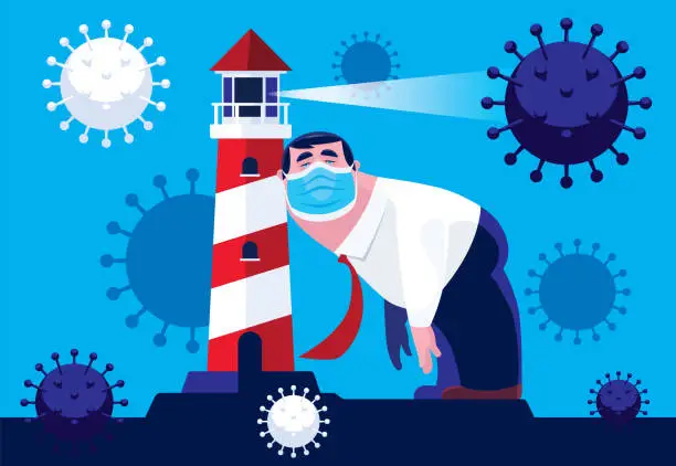 Vector illustration of businessman wearing face mask and leaning on lighthouse